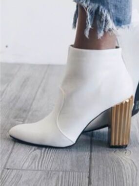 Qupid White Ankle Boot with Gold Ribbed Block Heel